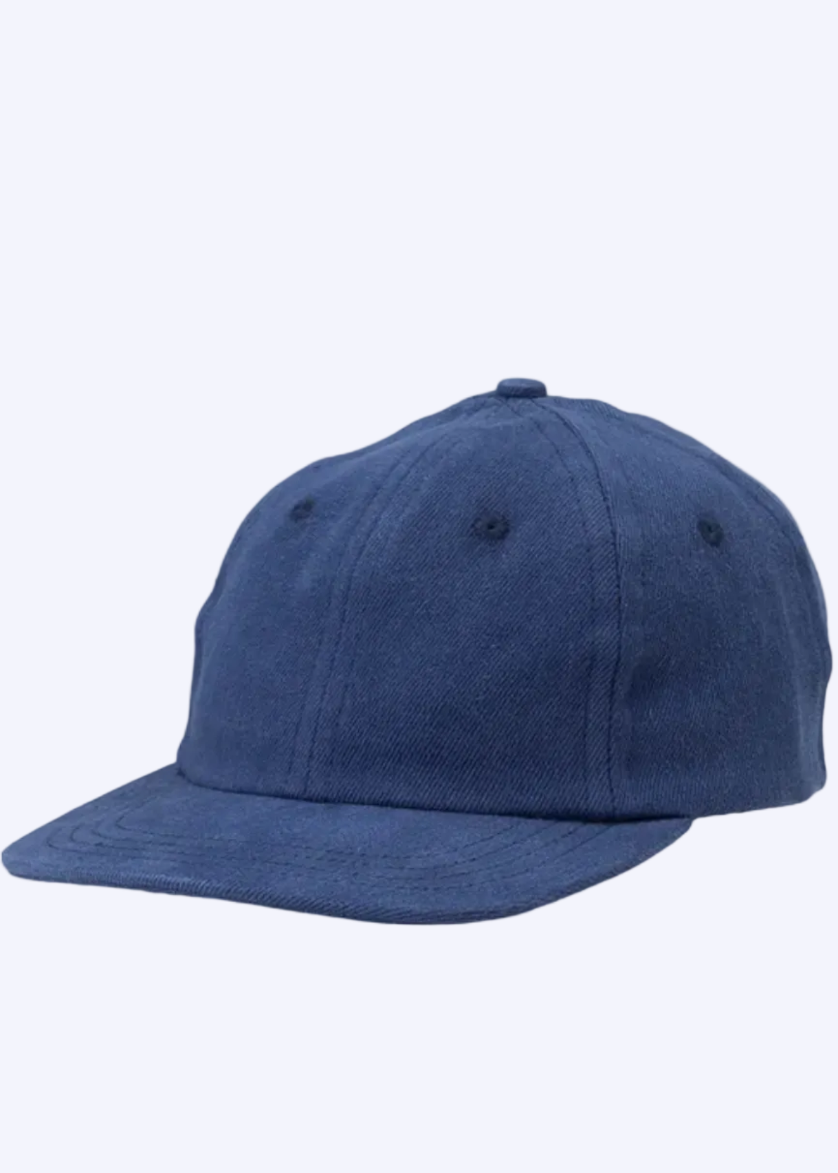 A classic six-panel flat-brim baseball cap in a solid medium blue color, shown against a plain white background.