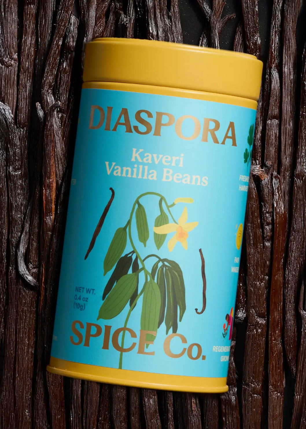 vanilla beans and tin they come packaged in in blue and yellow