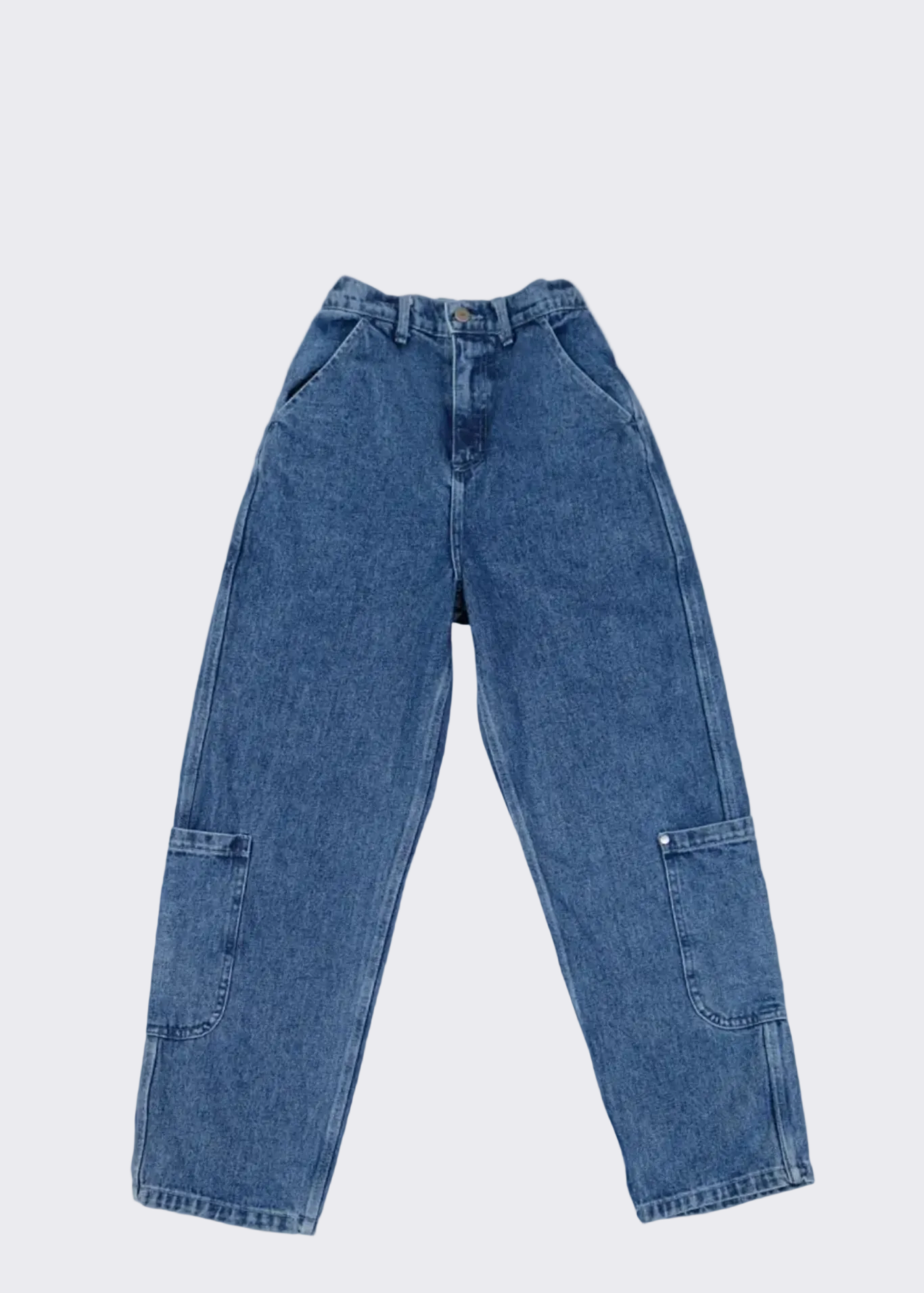 A pair of blue denim jeans with a relaxed, wide-leg fit and large patch pockets, shown against a plain white background.