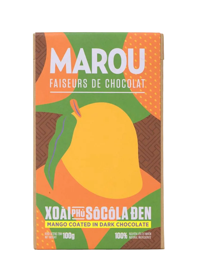 A box of MAROU chocolae, specifically Xoa Pro Sócòla Ben (Mango Coated in Dark Chocolate), shown on a light beige background with a soft shadow.
