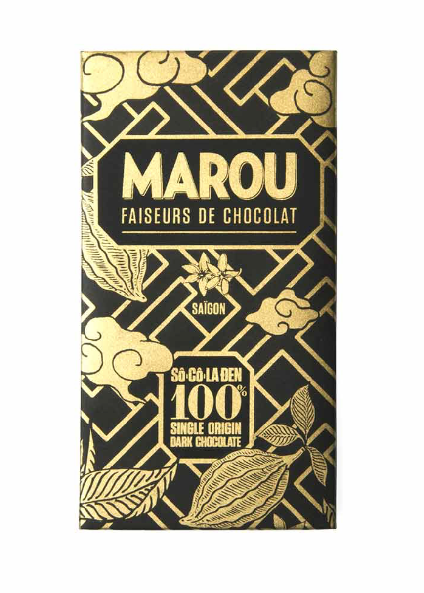 A vertical bar of Marou chocolate with a black and gold label, featuring traditional cloud and leaf illustrations, on a plain white background.