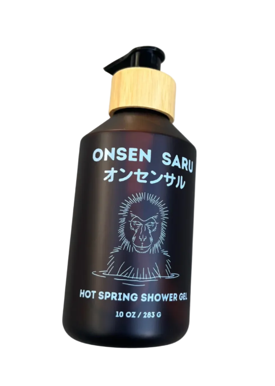 A dark brown bottle of Onsen Saru Hot Spring Shower Gel with a bamboo-textured pump collar and a black dispenser top, shown on a plain white background.