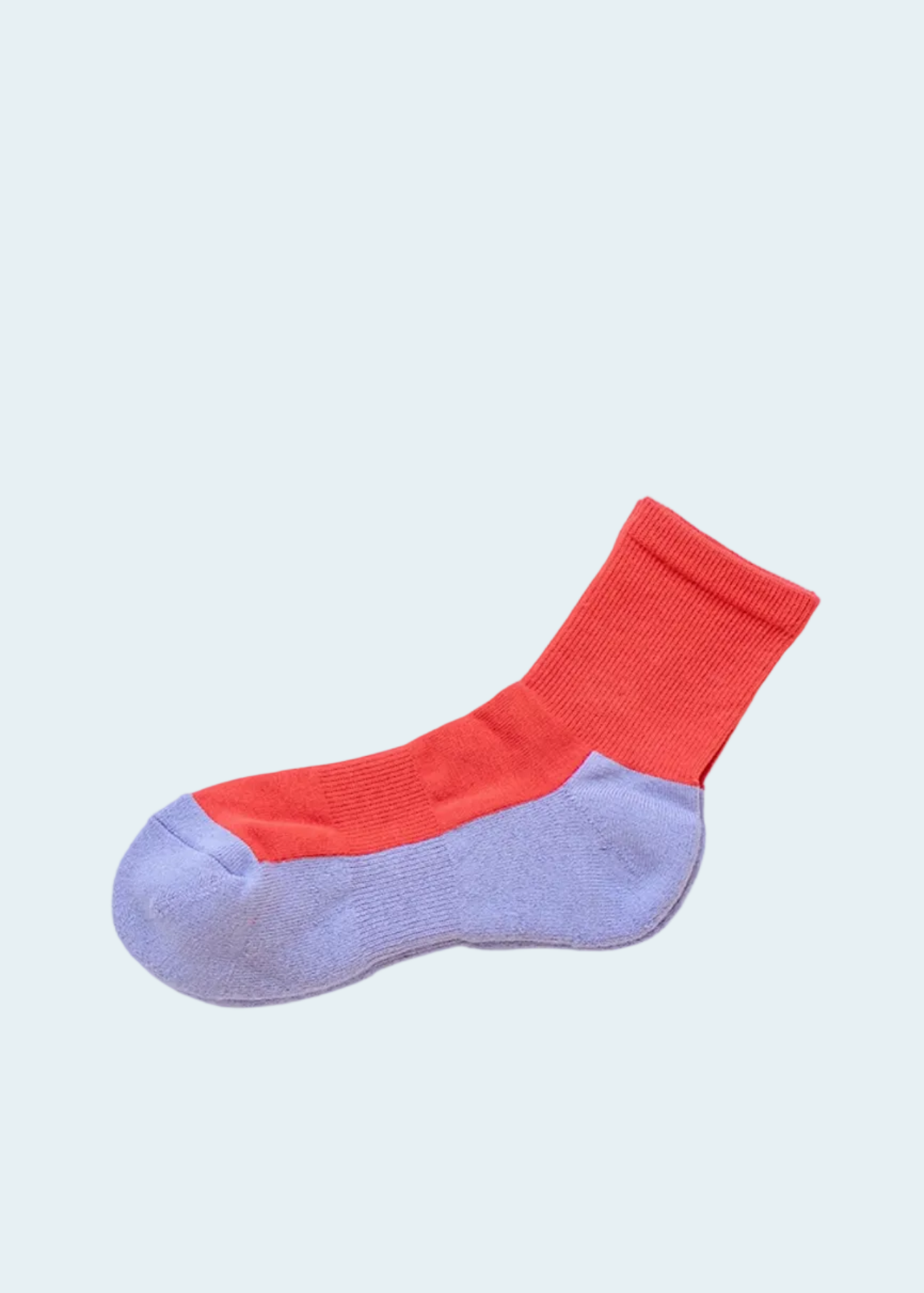 short crew socks in lavender on the bottom and orange on the top