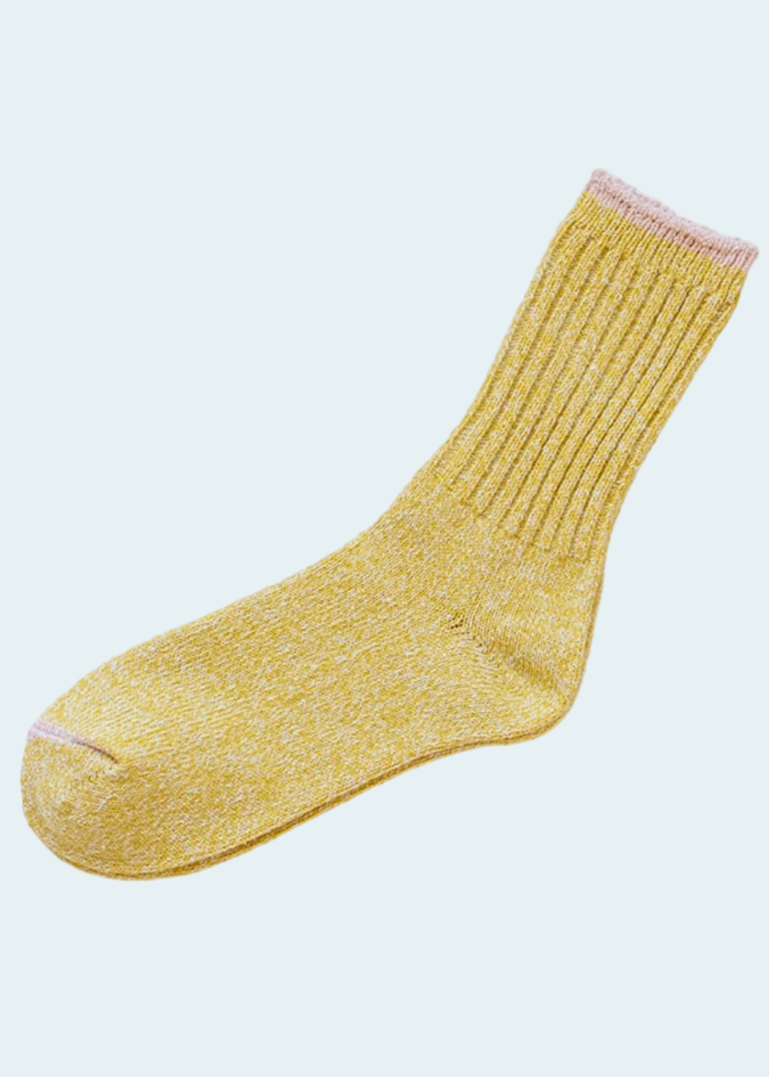 A single yellow knit crew sock with subtle pink accents on the toe and cuff, displayed diagonally on a clean white background.