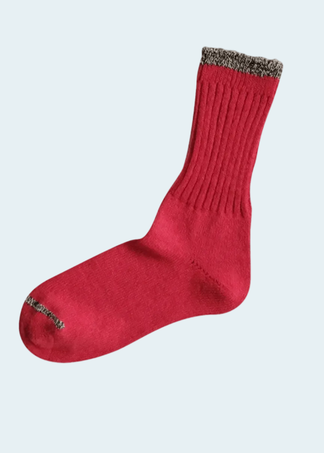 a red sock with gray stripe at top and toe