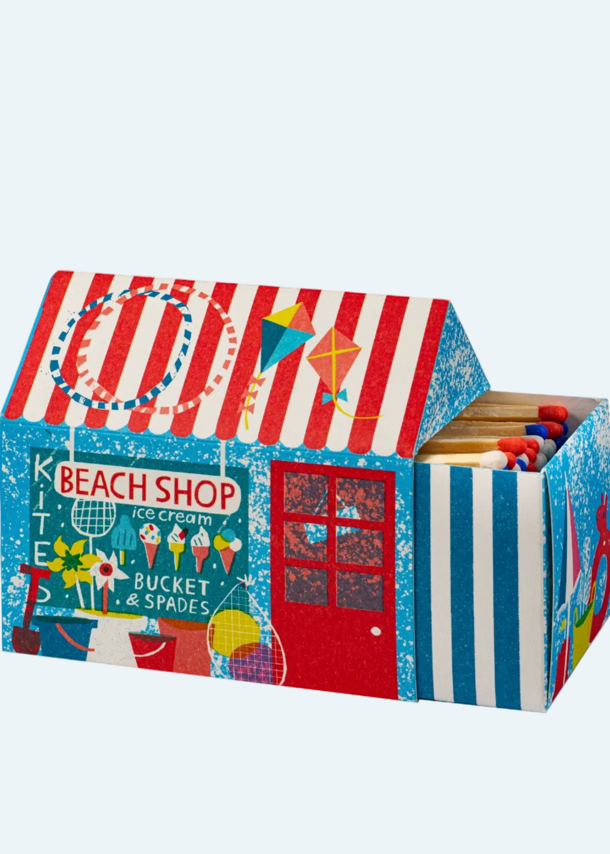 illlustrated seaside match box with stripes ice creams and spades in the window a red door and more beachy drawings