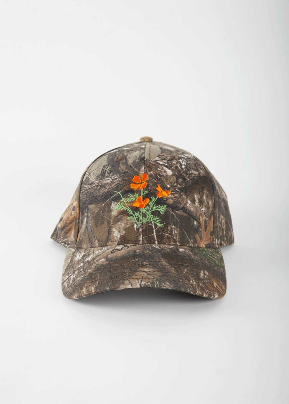 camo style hat with orange poppies 