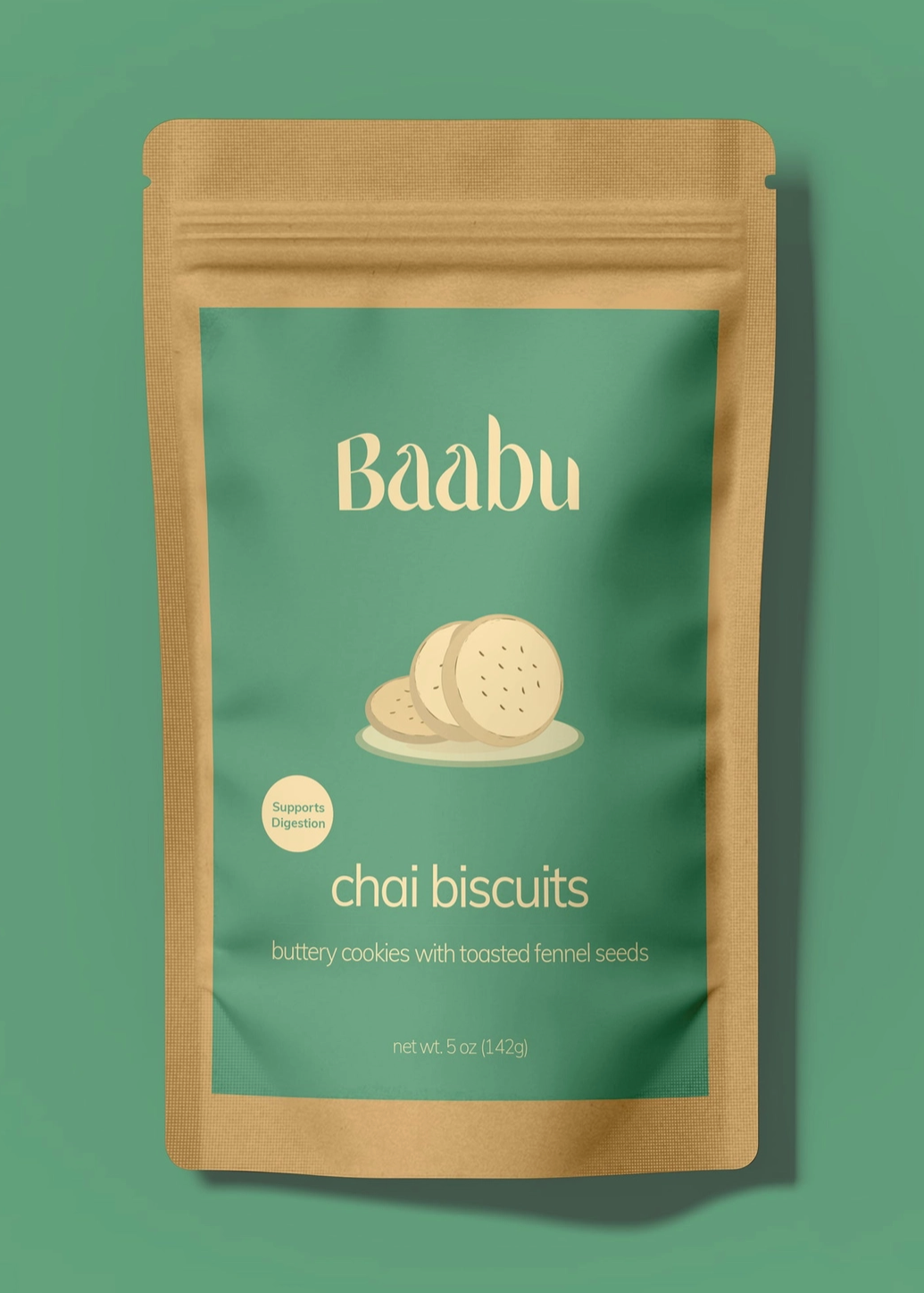 A stand-up pouch of Baabu Chai Biscuits on a solid green background. The packaging features a kraft brown outer sleeve with a large teal-green center label showing an illustration of round biscuits on a plate.