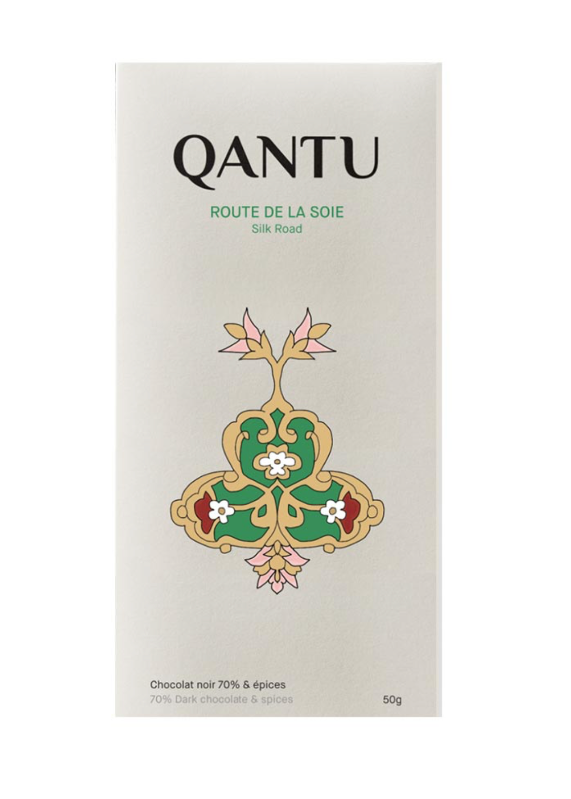 chocolate tablet with branding from Quatu and words Route de La Soie Silk Road and an intricate design with gold, pink, kelly green and red 