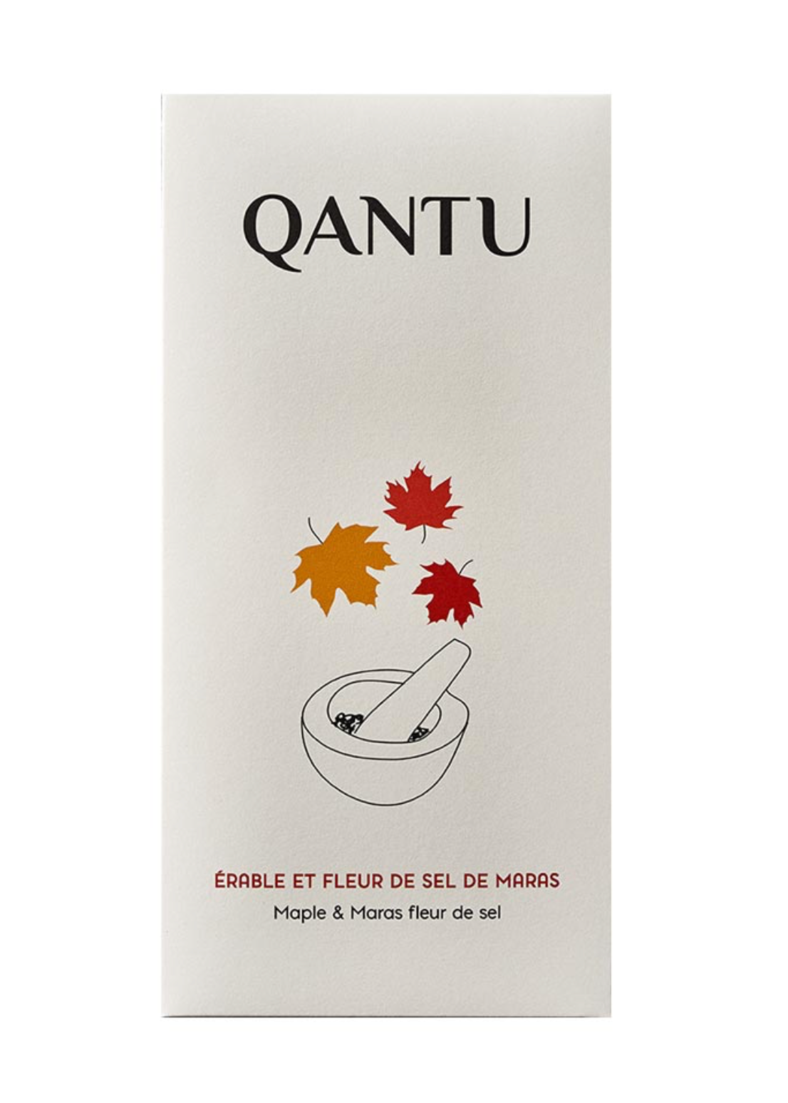 A rectangular beige product tablet for QANTU, featuring black text and illustrations of red and orange maple leaves above a mortar and pestle graphic, with French and English text at the bottom.