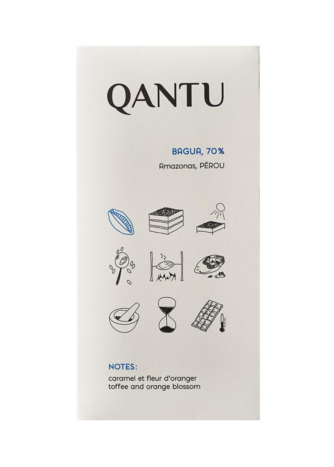 A vertical white chocolate bar package by QANTU, featuring the text 'QANTU BAGUR, 70%' and 'Amazones, PEROU' in black and blue, with small black line drawings of ingredients and culinary symbols on a clean white background.