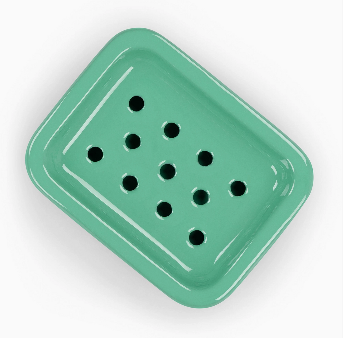 A mint green rectangular soap dish with rounded corners and nine drainage holes, shown from an overhead angle on a white background.