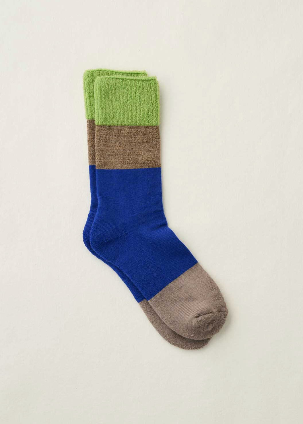neon green, brown, cobalt, tan colorblocked socks