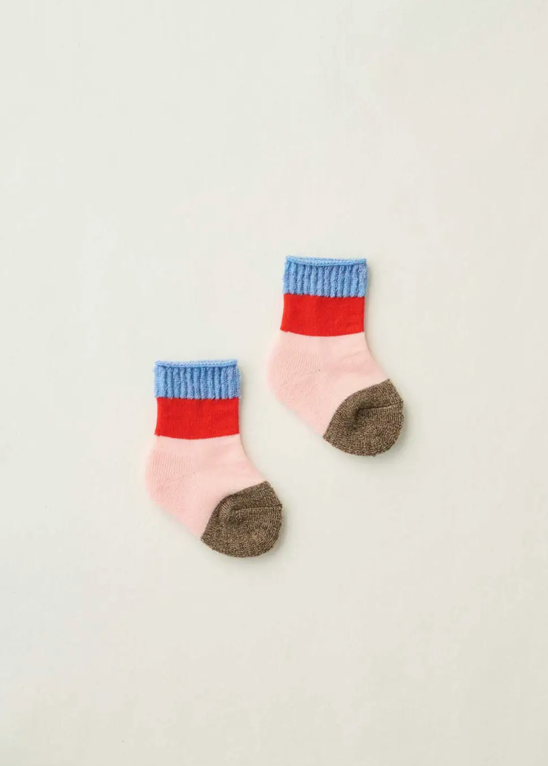 blue, red, pink, brown baby socks