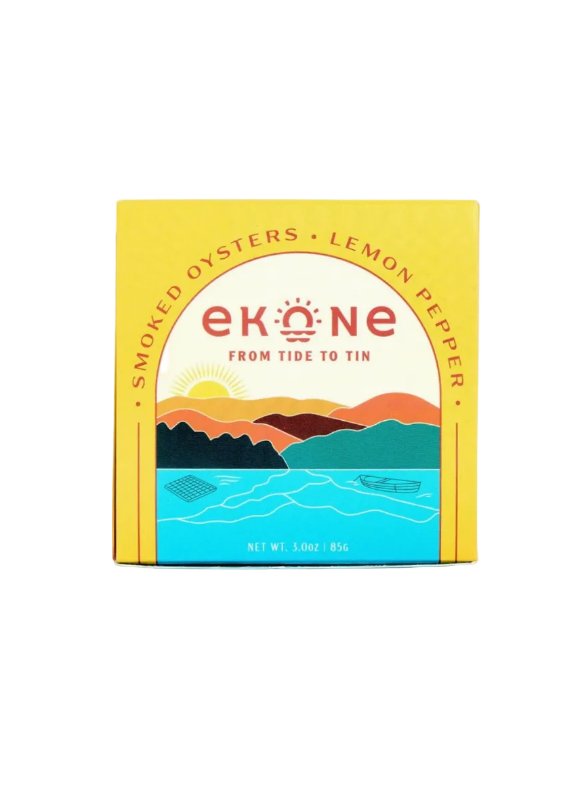A square yellow box of Ekone smoked oysters, lemon pepper, featuring a colorful illustration of a sunset over water and mountains, set against a plain white background.