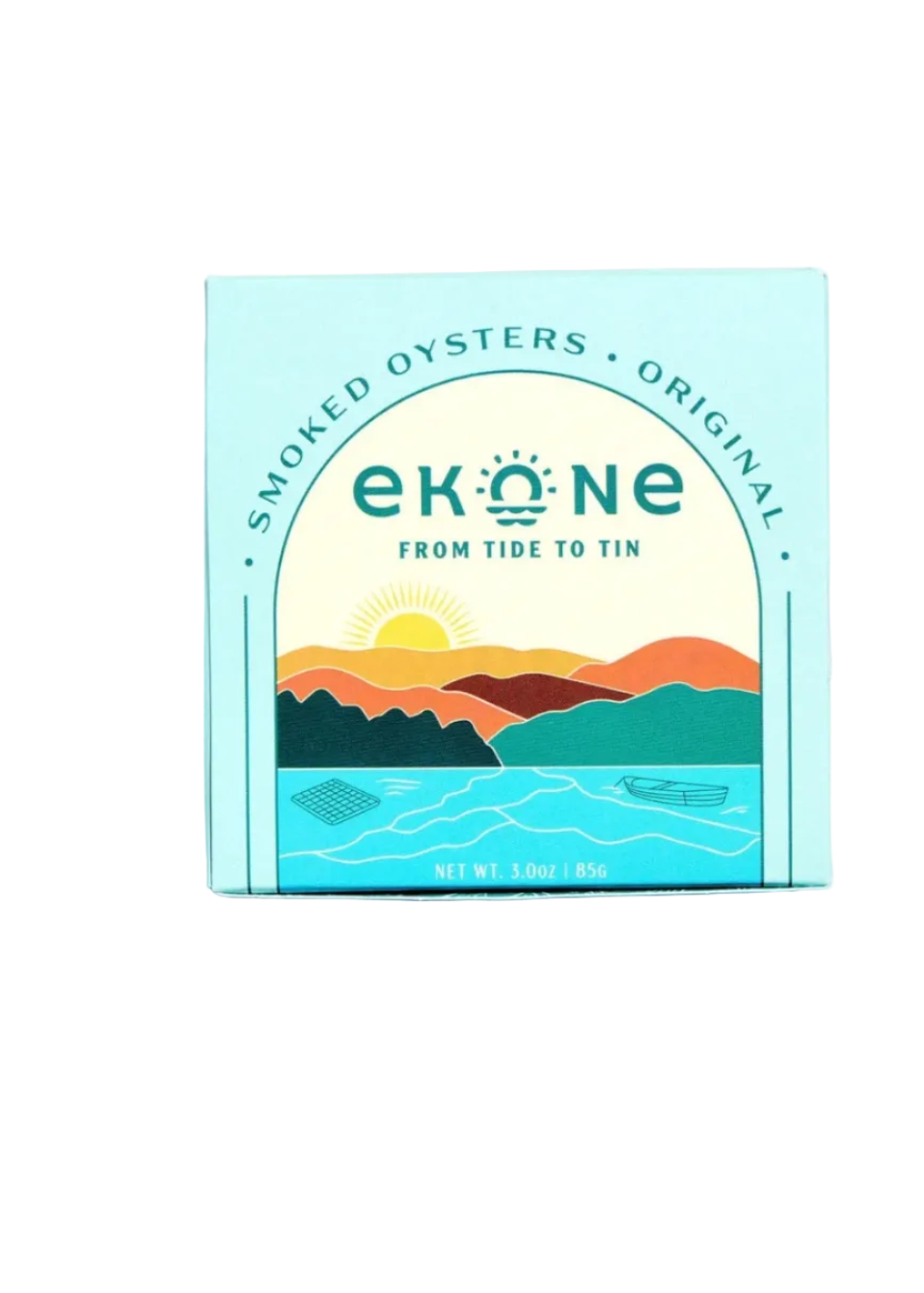 A square box of ekóne smoked oysters, featuring a light blue packaging design with a colorful illustration of a sunset over mountains and water, set against a plain white background.