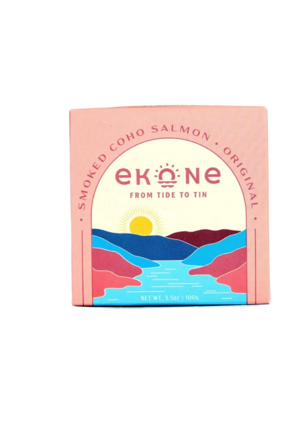 A square pink box of Smoked Coho Salmon, Original, featuring a colorful graphic of a sun over layered mountains and water on the front, set against a plain white background with a soft shadow.
