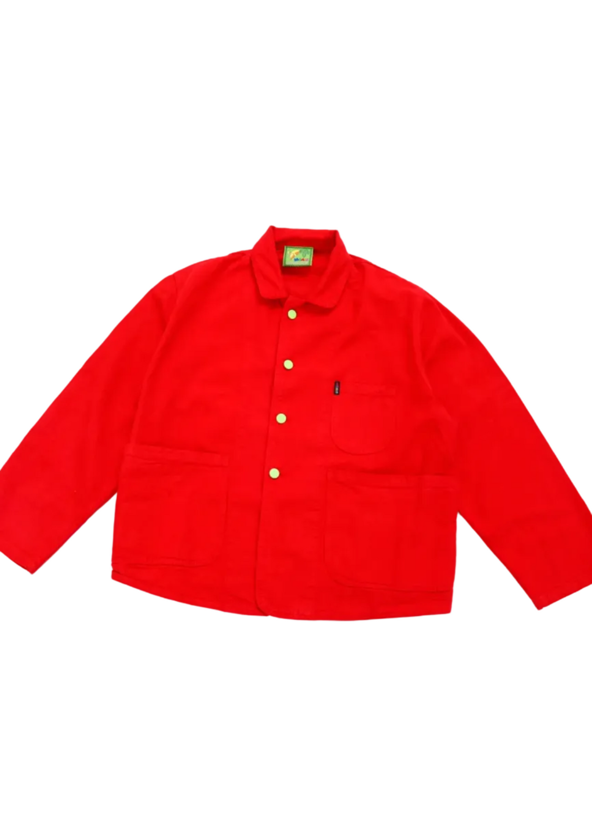 A bright red long-sleeve button-up jacket with a pointed collar, green buttons, and a chest pocket, shown on a white background 