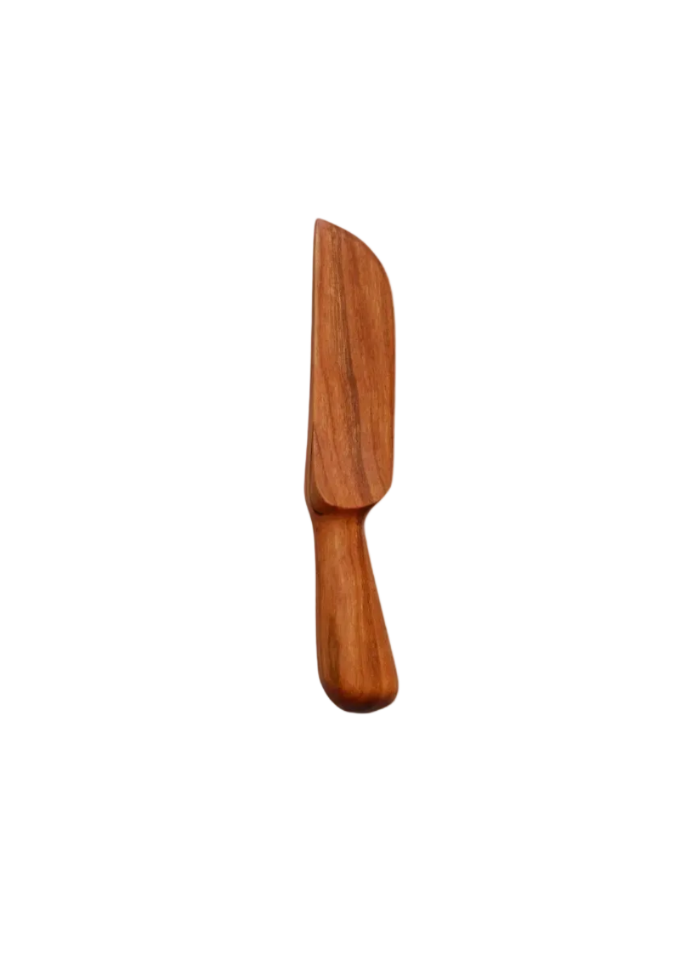 A small handcrafted wooden knife with a smooth, polished reddish-brown finish, displayed vertically on a light gray marble surface.