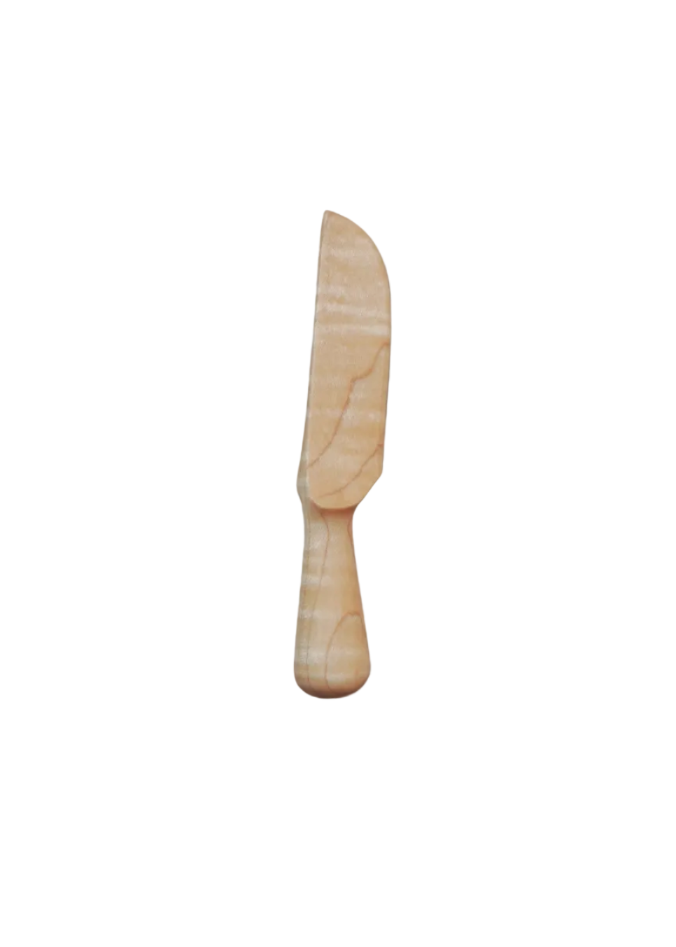 A small handcrafted wooden knife with a natural light-colored finish, placed vertically 
