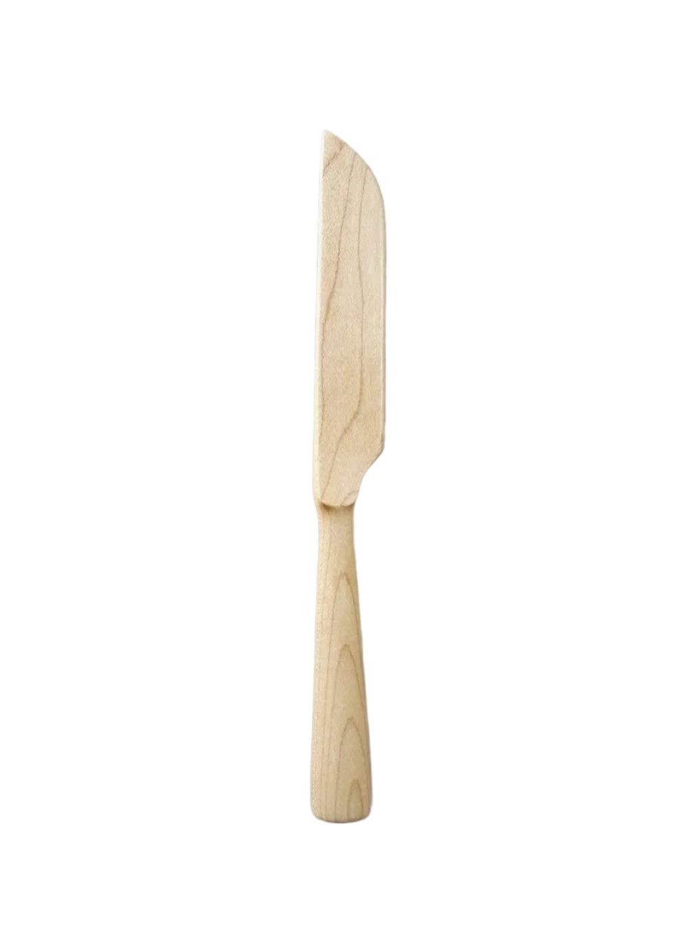 A single unfinished wooden knife blade with a matching wooden handle, laid vertically on a gray and white veined marble surface.