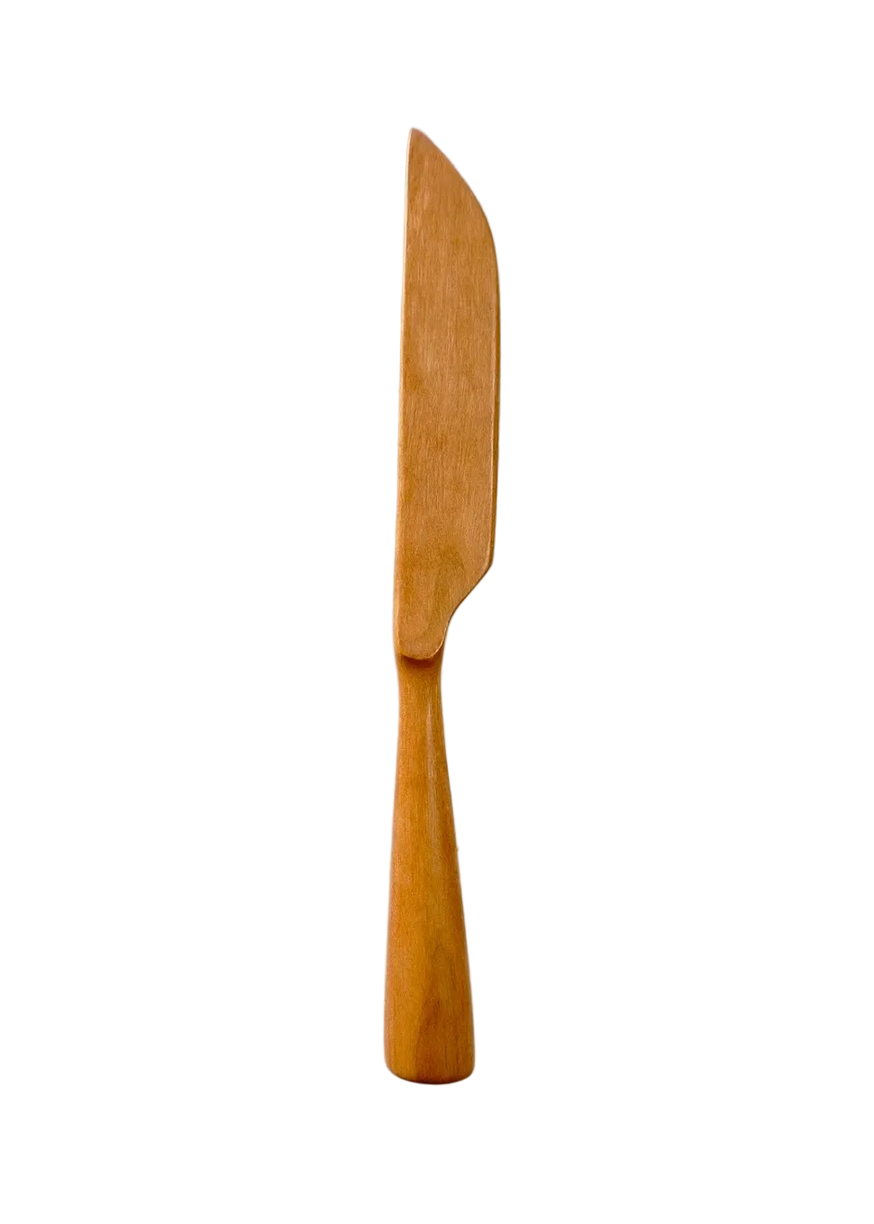 A small wooden knife with a smooth, light brown handle and a matching blade, placed vertically on a white and gray marble surface.