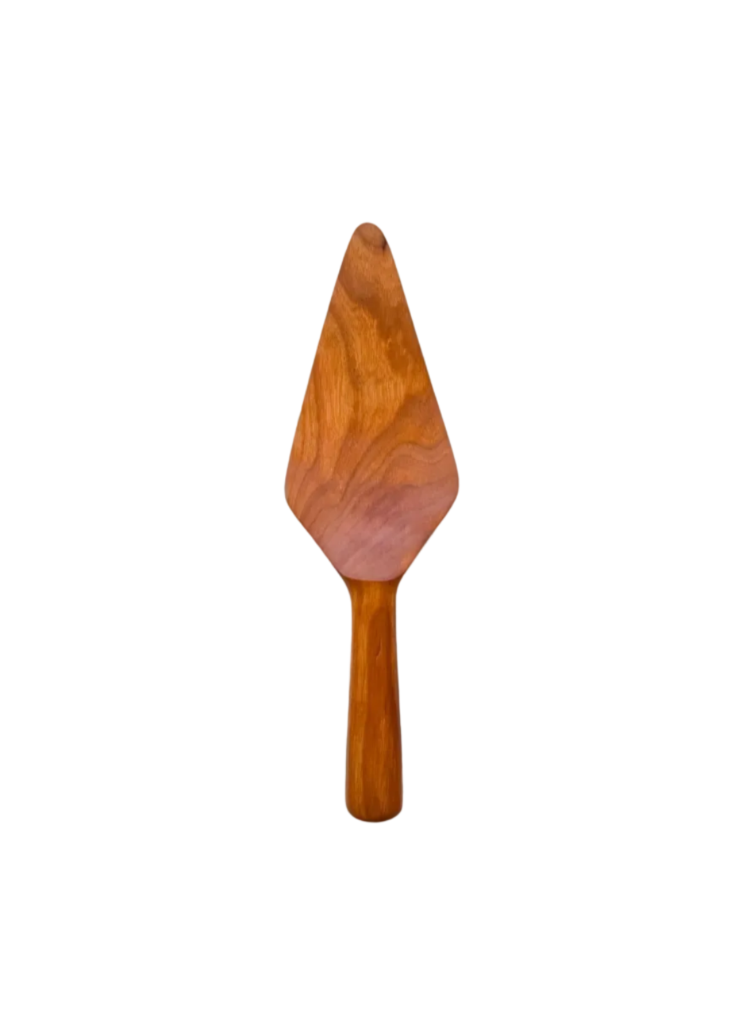 A wooden serving spatula with a pointed blade and smooth handle, displayed vertically on a white marble surface with gray veining.