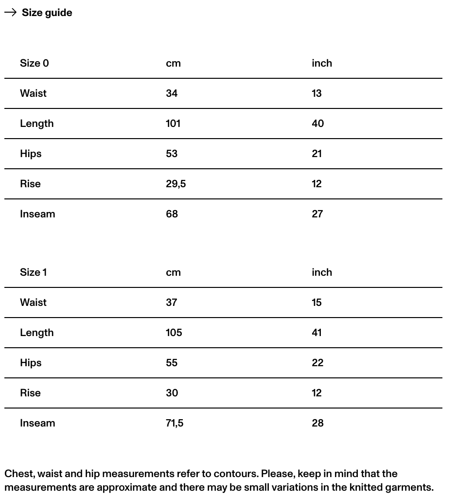 A size guide table for a knitted garment, showing measurements in centimeters and inches for Size 0 and Size 1, including waist, length, hips, rise, and inseam. A note at the bottom explains that chest, waist, and hip measurements refer to garment contours.