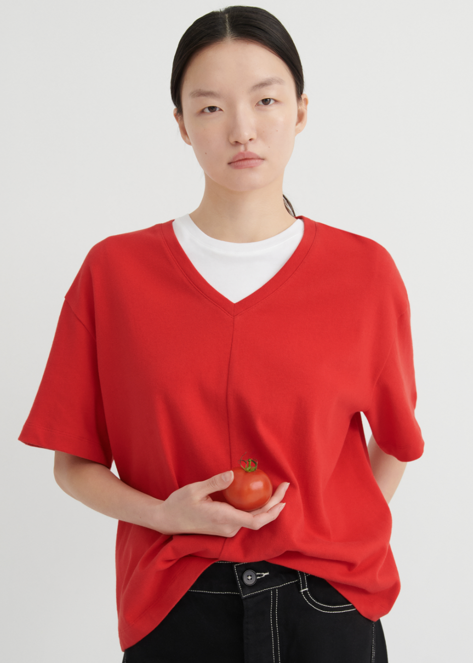 red v neck t on model