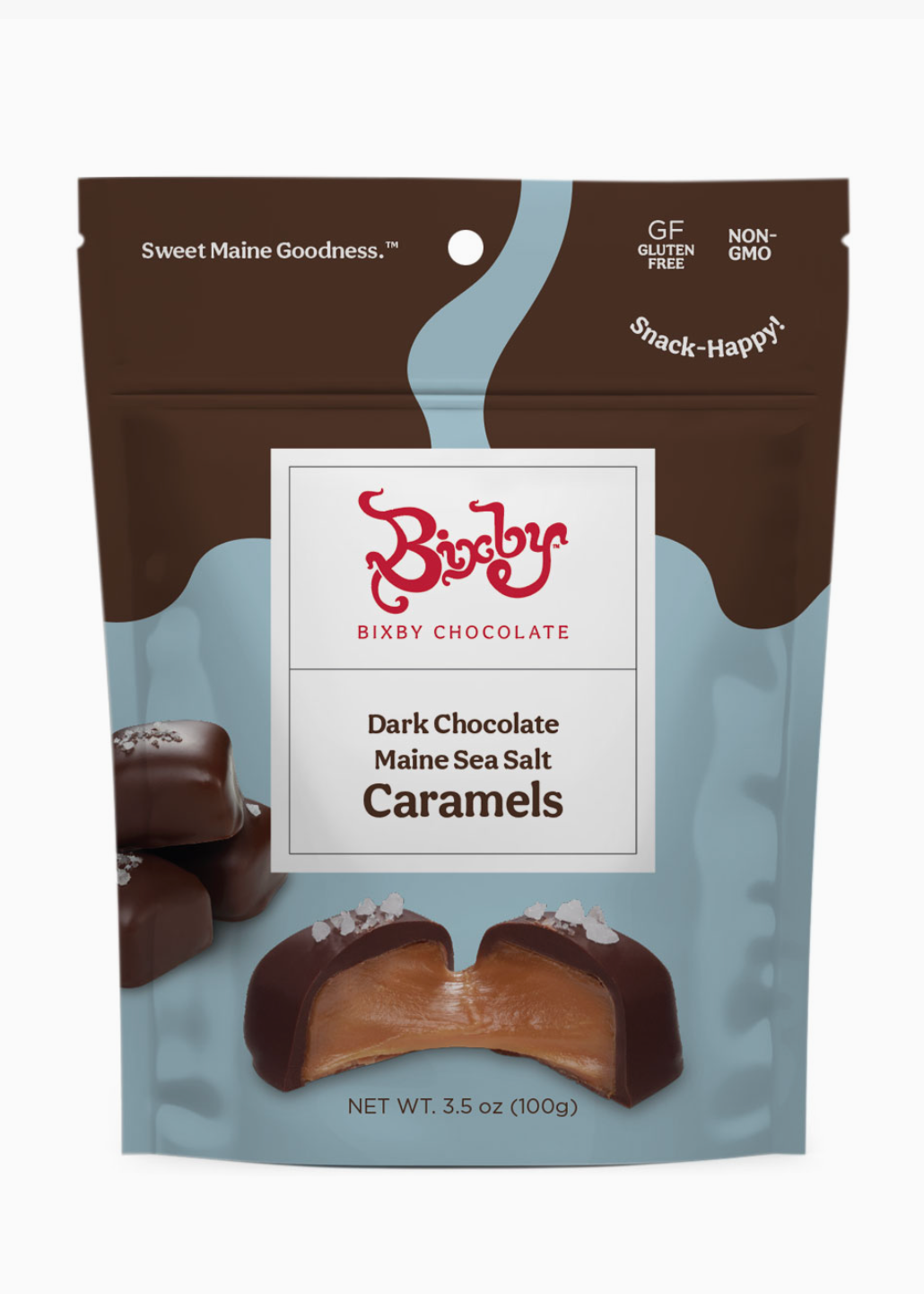 bag of dark chocolate caramels