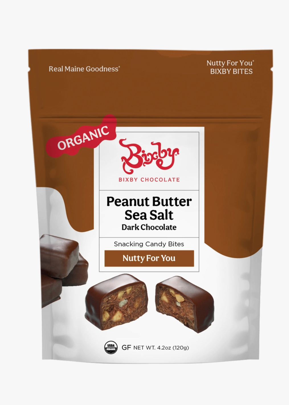 A stand-up pouch of Bixby Chocolate Peanut Butter Sea Salt Dark Chocolate Organic Snacking Candy Bites, shown on a light gray background.