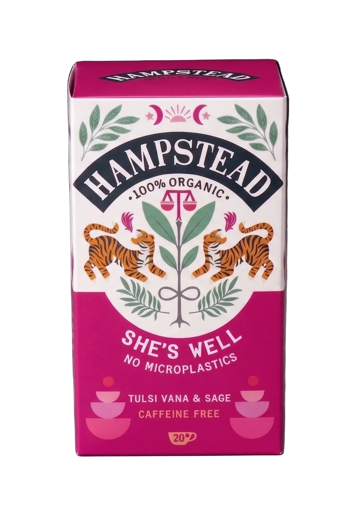 pink and white "Hampstead" tea box with tiger and plant drawings. 