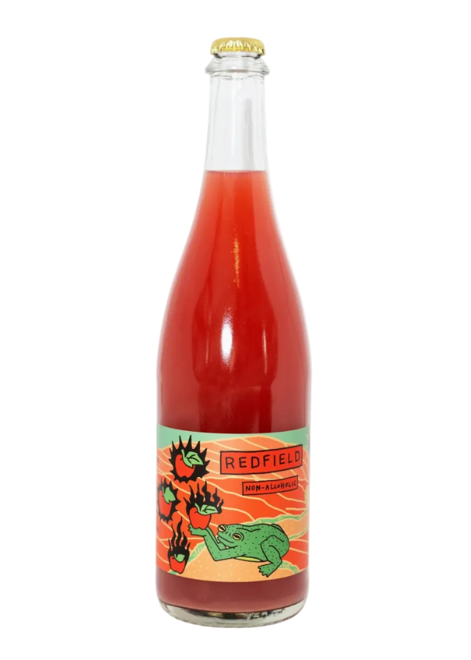A glass bottle of Redfield with a gold crown cap and a colorful label featuring a green frog and red text, filled with a bright red liquid, set against a plain white background