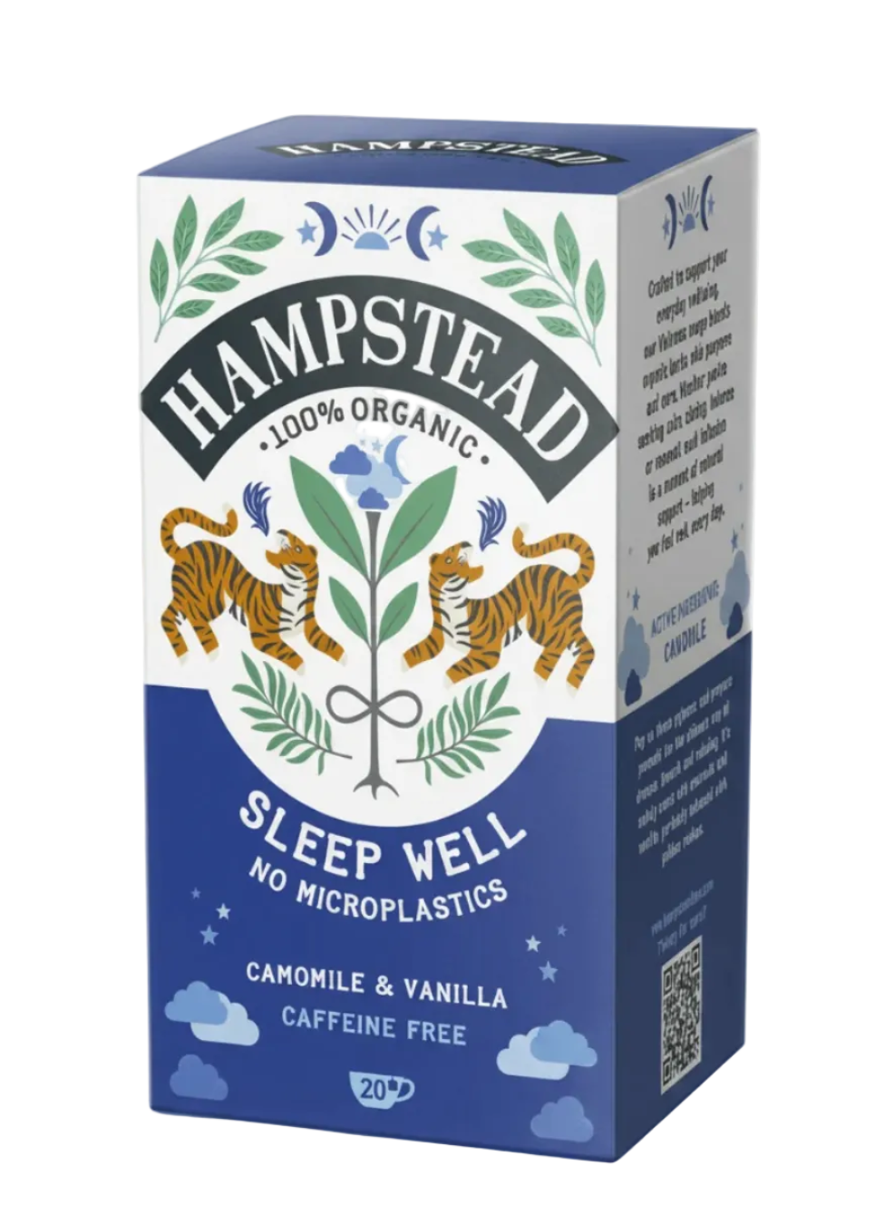 packaging with tiger and leave drawing and blue and white colors