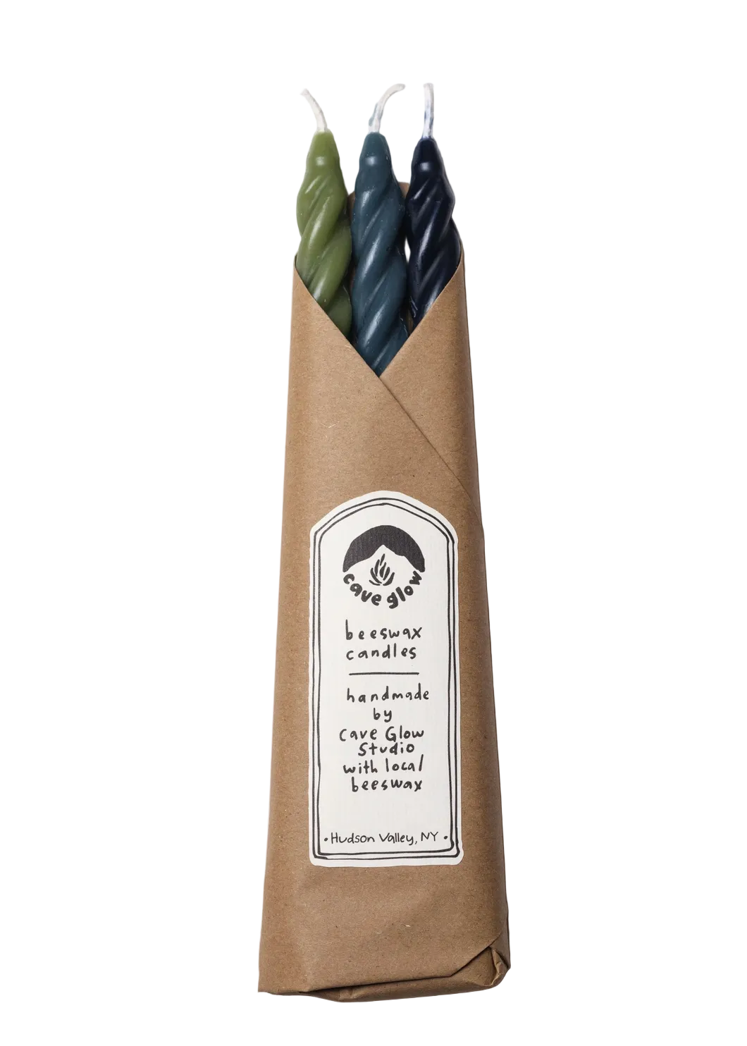 3 complementary shades of green beeswax candles in a craft wrapper with a white informational label
