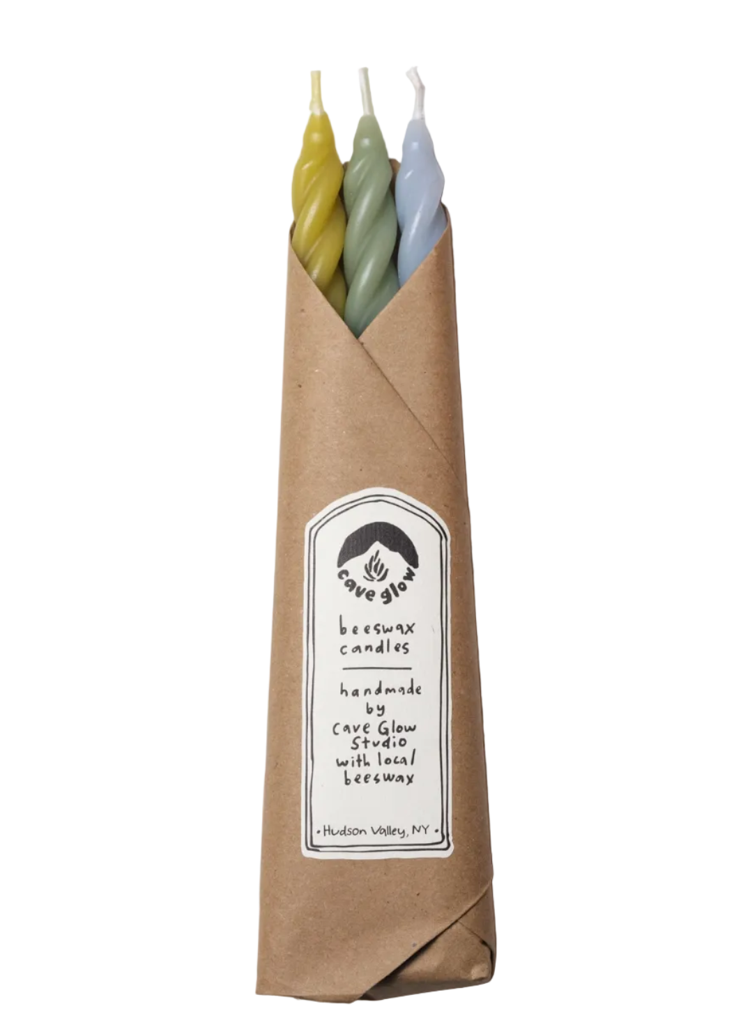 a yellow green, green and sky blue trio of candles in brown paper with white info label