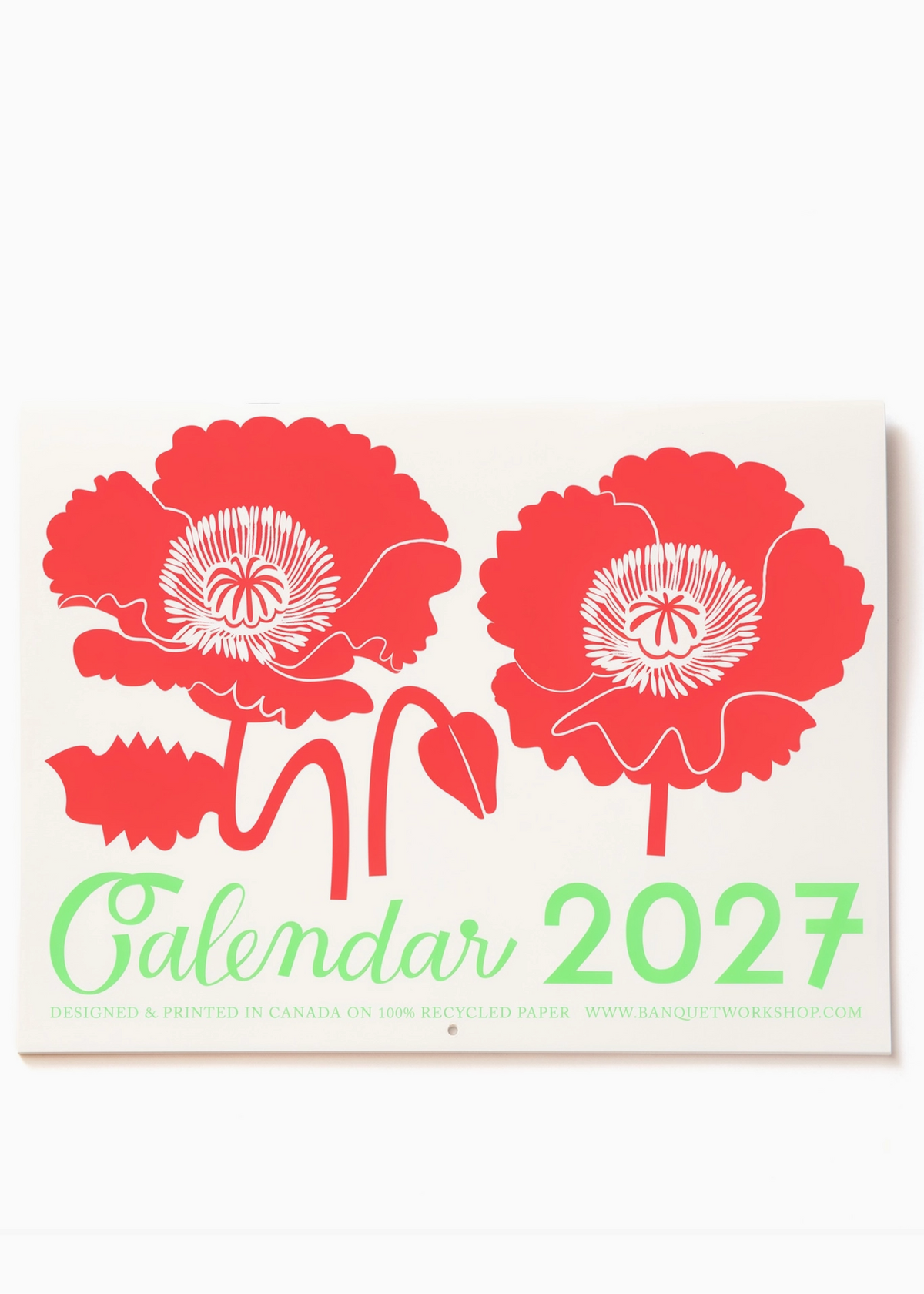 calendar 2027 written in neon green with two bright orange poppy flowers