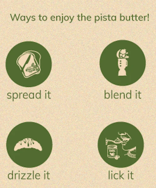 A beige graphic with the heading 'Ways to enjoy the pista butter!' and four dark green circular icons showing suggested uses: spread it, blend it, drizzle it, and lick it, each with a simple line drawing.