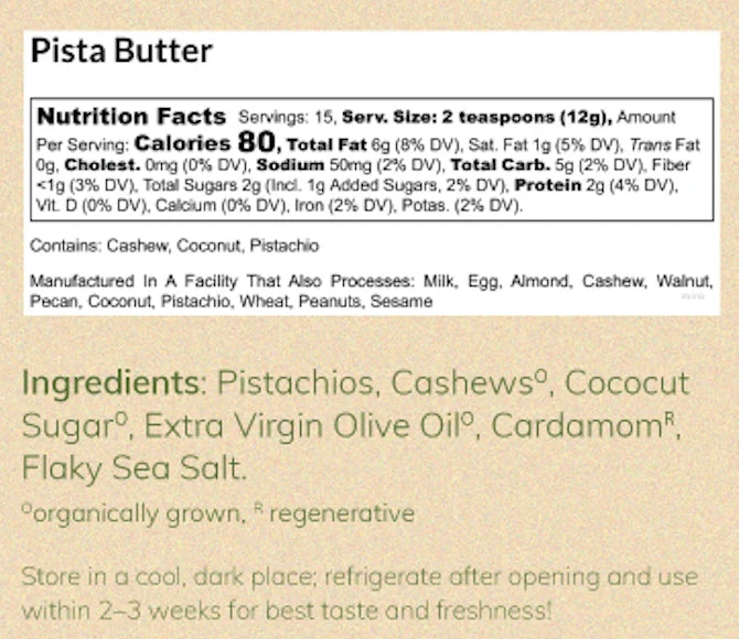 Front nutrition facts and ingredients panel for Pista Butter, shown on a beige label background with black text and a small green logo at the bottom.