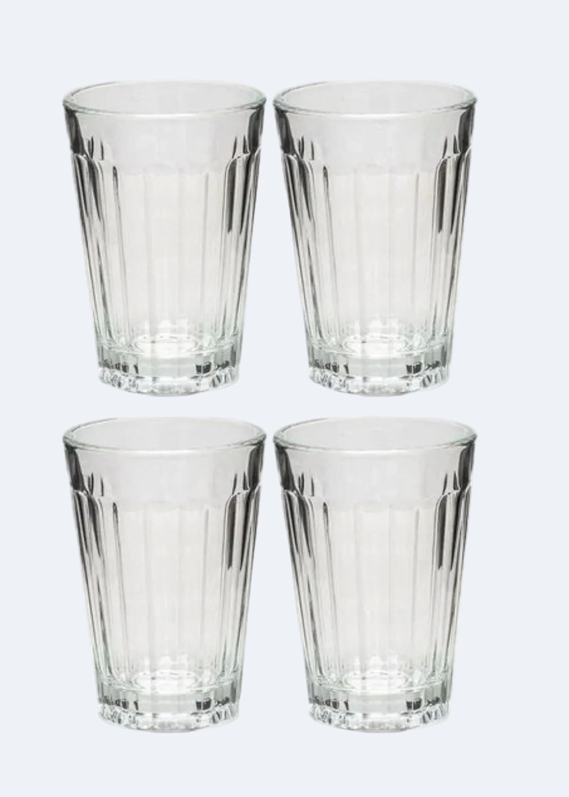 Set of 4 clear glass tumblers with a textured design on a white background