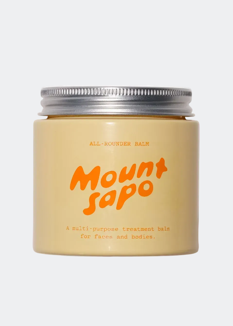 Beige jar with silver lid labeled 'Mount Sapo' on a white background