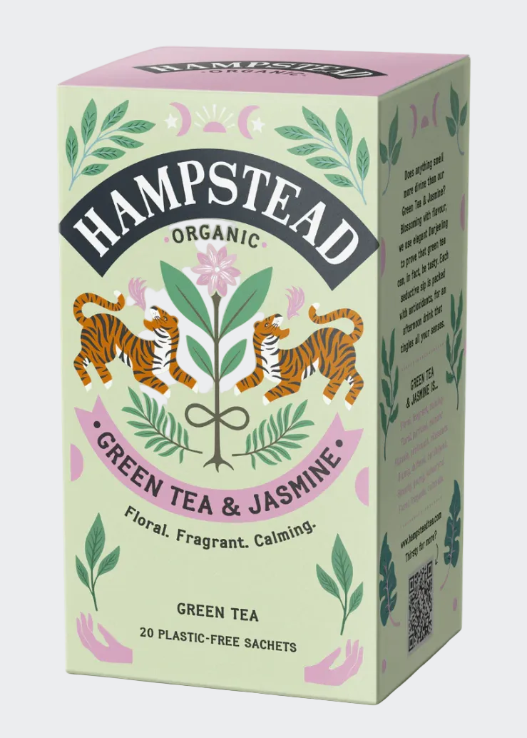 Hampstead Organic Green Tea & Jasmine tea packaging on a white background