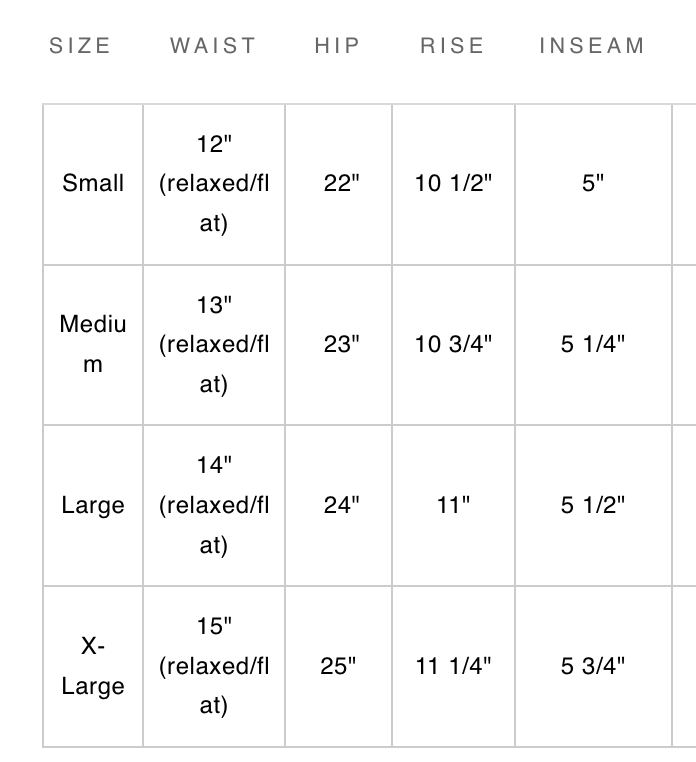 Measurement chart for pants with size, waist, hip, rise, and inseam dimensions.