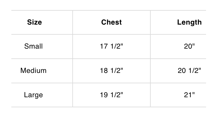 Table displaying size chart for chest and length measurements.