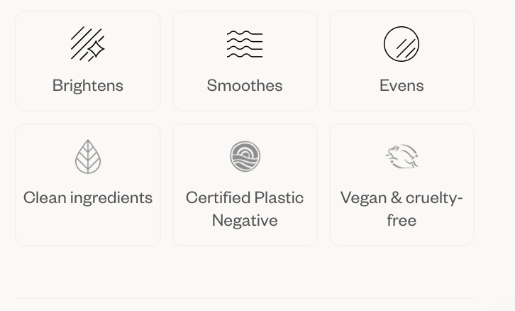 List of product benefits with icons and text on a white background