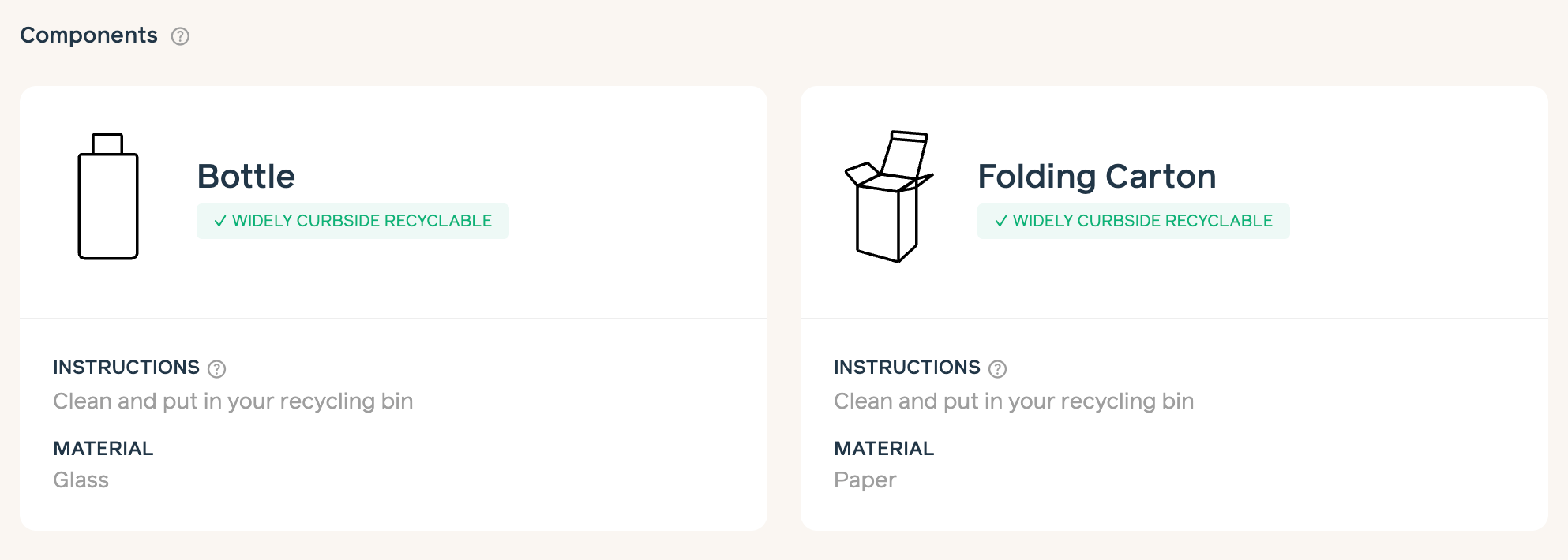 Recycling instructions for a bottle and folding carton with icons and text on a light background.