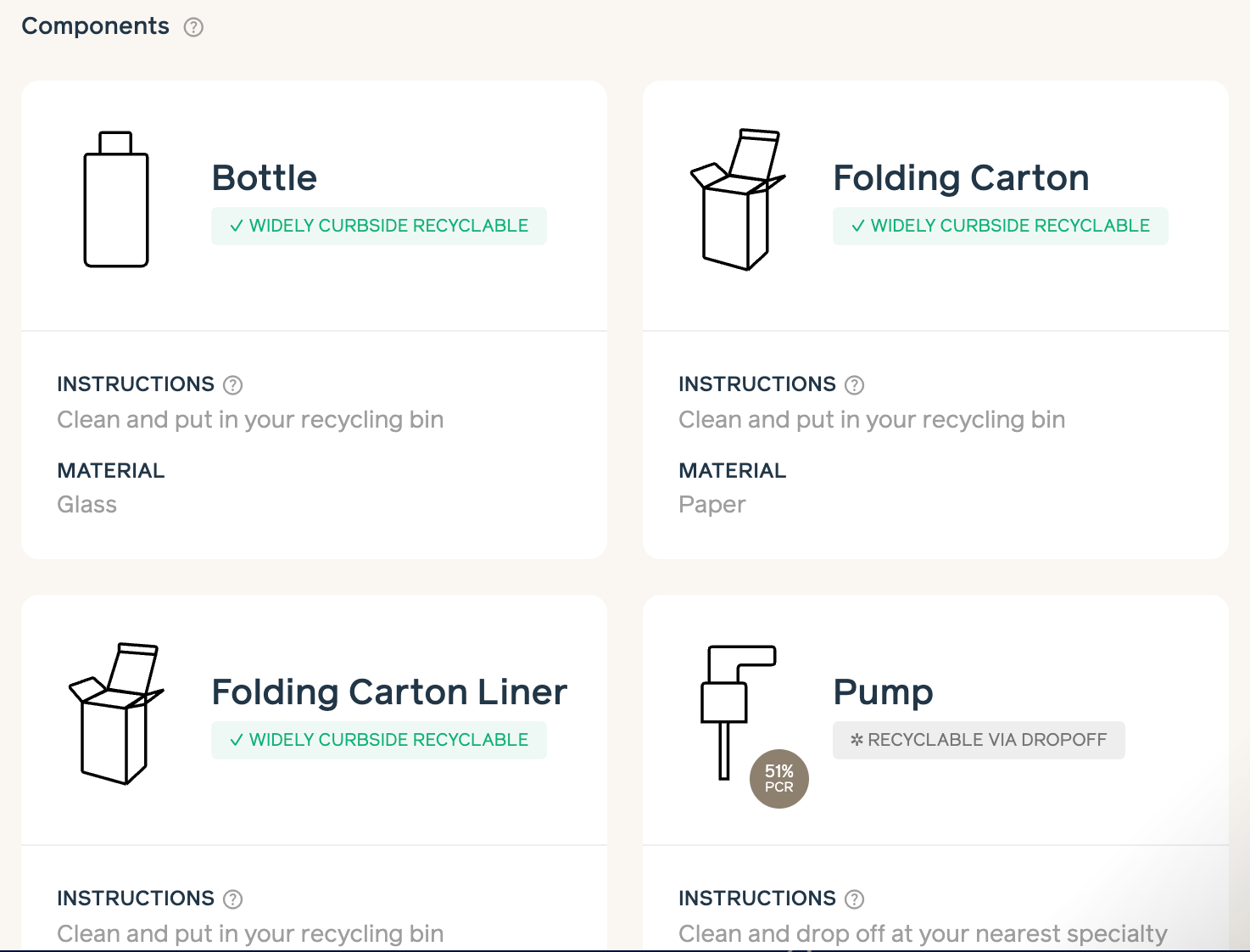 Recycling instructions for bottle, folding carton, folding carton liner, and pump on a beige background.