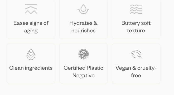 List of skincare product benefits with icons on a white background
