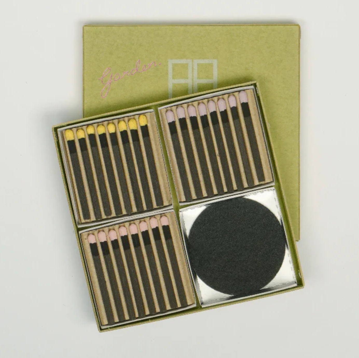 inside of box with match sets and pad