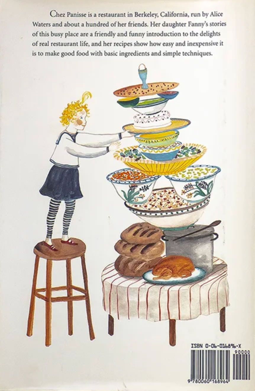 back of book cover illustrated with little girl cooking